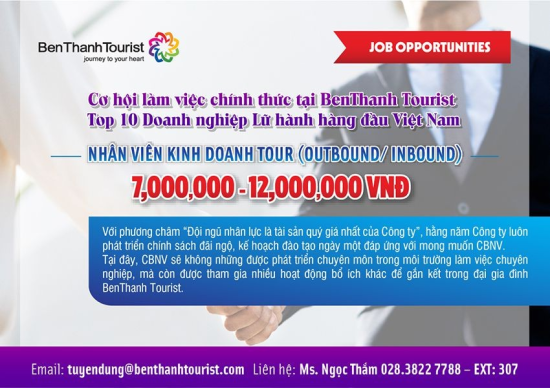 BENTHANH TOURIST TUYỂN DỤNG - NHÂN VIÊN KINH DOANH TOUR
